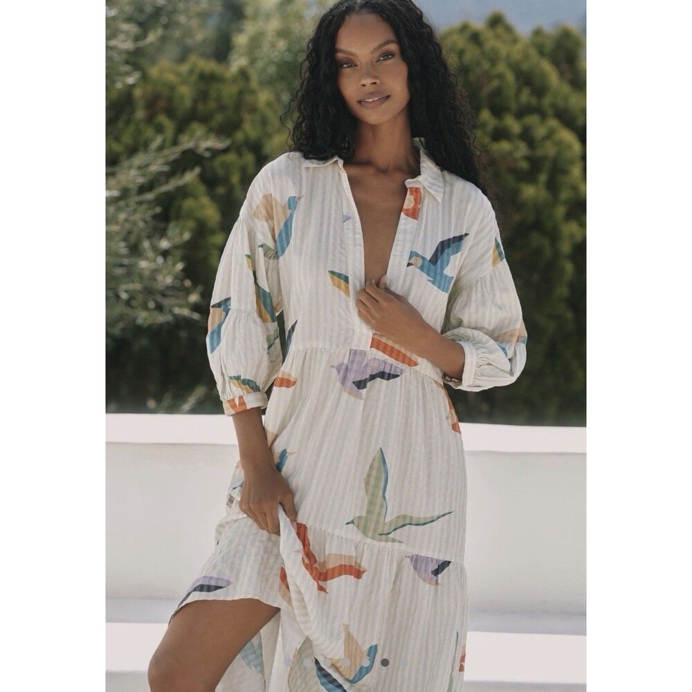 Anthropologie Celandine The Carolita Printed Tiered Shirt Dress Seagulls XXS NEW - Picture 3 of 4